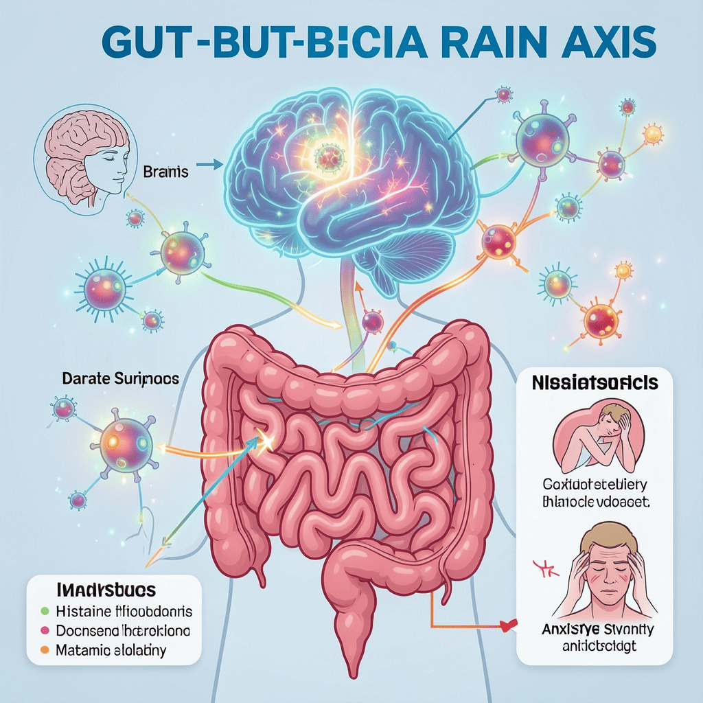 Illustration explaining histamine intolerance and anxiety through the gut-brain axis.