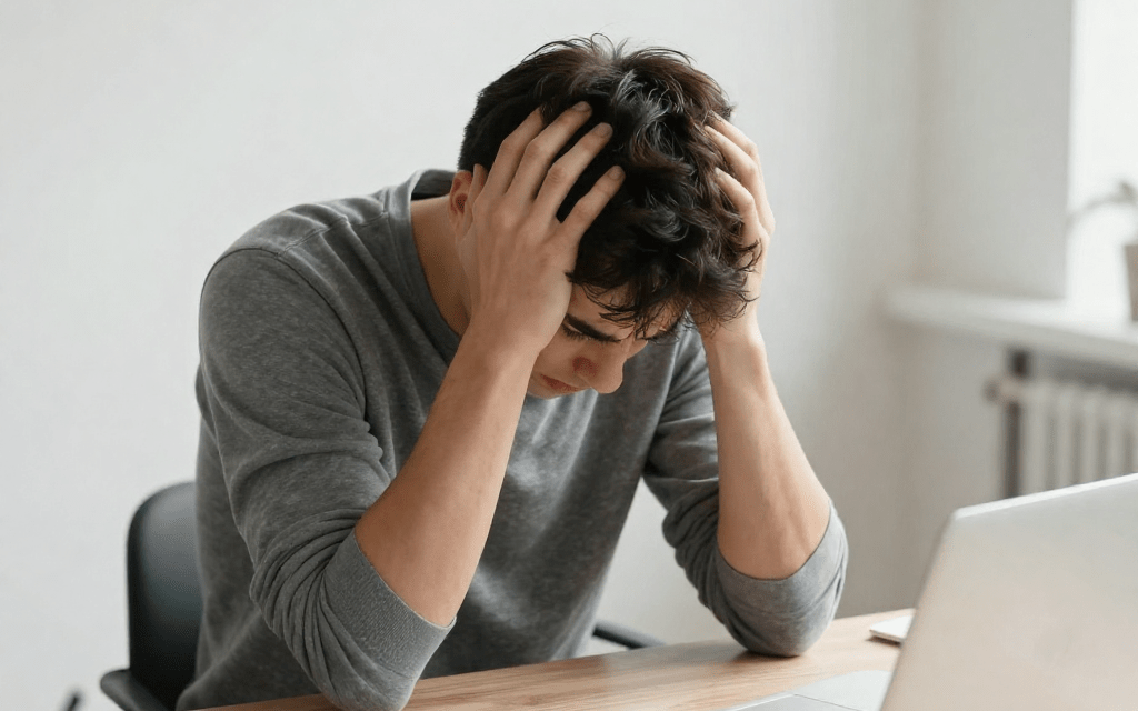 Person experiencing brain fog from poor gut health sitting at desk with head in hands looking mentally exhausted