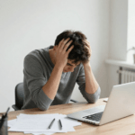 Person experiencing brain fog from poor gut health sitting at desk with head in hands looking mentally exhausted