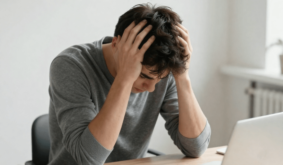 Person experiencing brain fog from poor gut health sitting at desk with head in hands looking mentally exhausted