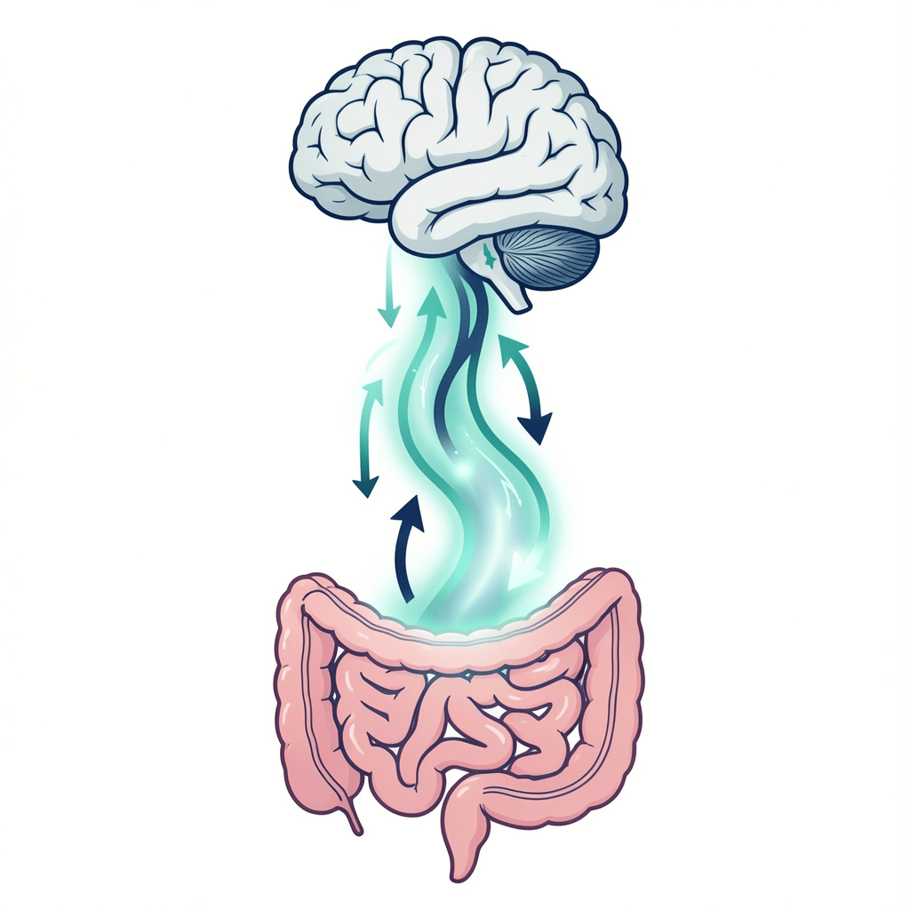 Gut-brain axis diagram showing how anxiety causes constipation via vagus nerve