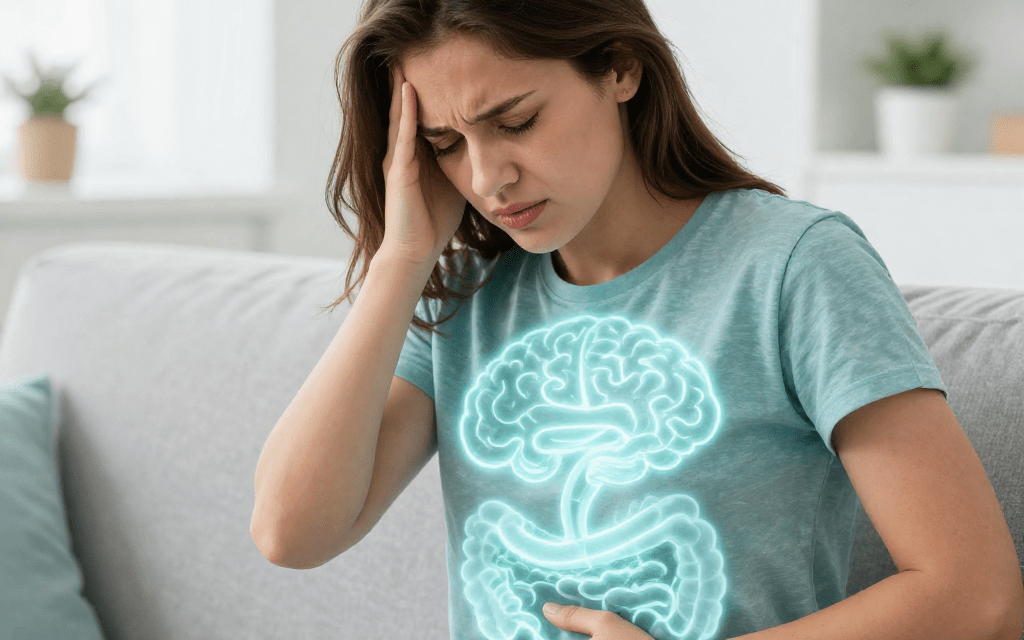 Can anxiety cause constipation – woman holding stomach in stress