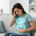 Can anxiety cause constipation – woman holding stomach in stress