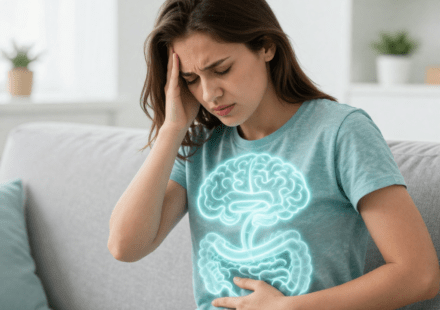 Can anxiety cause constipation – woman holding stomach in stress
