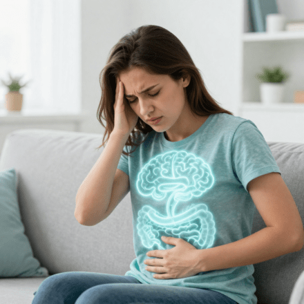 Can anxiety cause constipation – woman holding stomach in stress