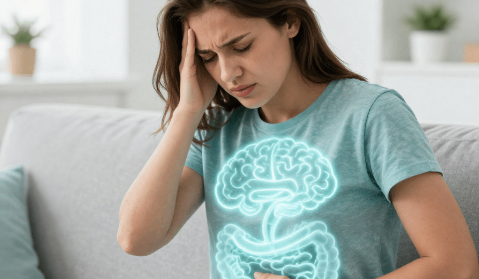 Can anxiety cause constipation – woman holding stomach in stress