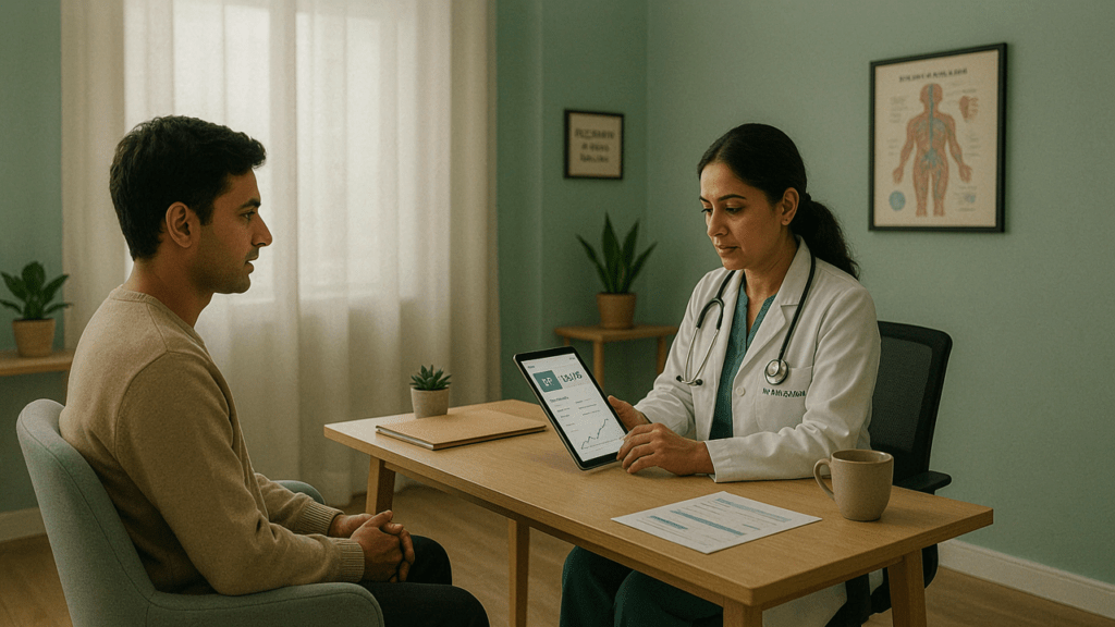 Adult discussing anxiety symptoms and medication options with a doctor during a medical consultation.